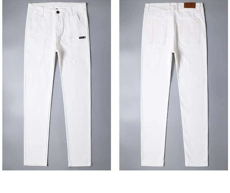 Spring and Autumn Men's Multi-Pocket Design Jeans Fashionable and Versatile White Khaki Red Comfortable Stretch Denim Pants