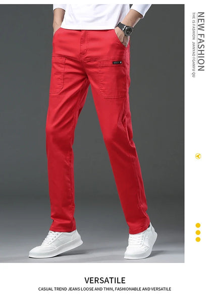 Spring and Autumn Men's Multi-Pocket Design Jeans Fashionable and Versatile White Khaki Red Comfortable Stretch Denim Pants