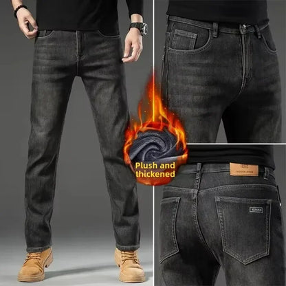High Quality Winter Jeans New Casual Straight Tube with Fleece Thickening Loose Outside Warm Long Pants Streetwear Men