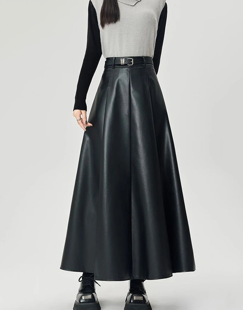 Vintage PU leather women midi skirts Y2K Autumn high waist Streetwear with belt pleated Skirt female elegant Solid A line skirts