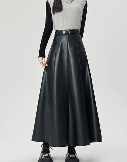 Vintage PU leather women midi skirts Y2K Autumn high waist Streetwear with belt pleated Skirt female elegant Solid A line skirts