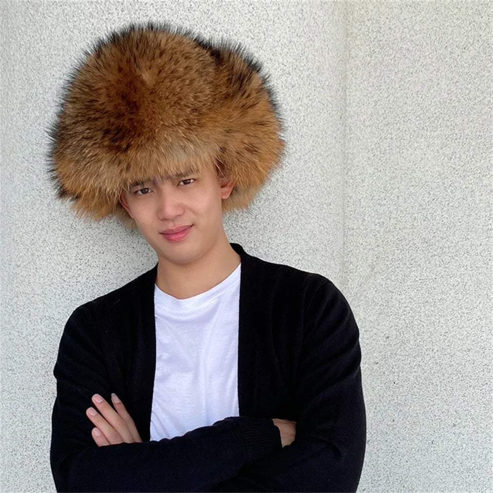 Men's Hat Winter Natural Raccoon Fur Er Hats Russian Hat Outdoor Warm Soft Luxury Quality Real Fur Cap Fur Hat for Men Caps