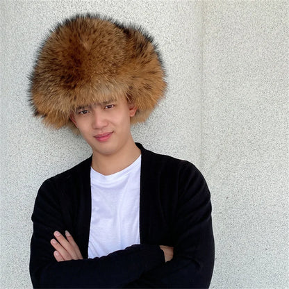 Men's Hat Winter Natural Raccoon Fur Er Hats Russian Hat Outdoor Warm Soft Luxury Quality Real Fur Cap Fur Hat for Men Caps