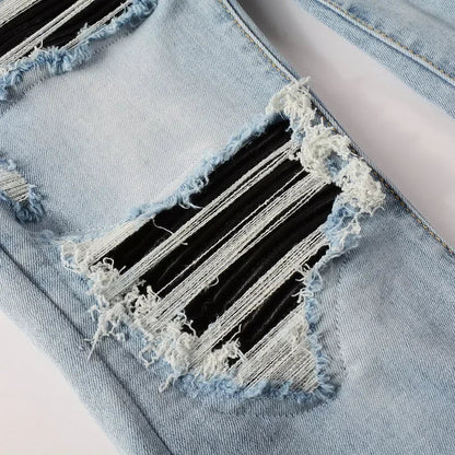 High Street Jeans Patch Hand-worn Holes Slim Skinny Jeans for Men