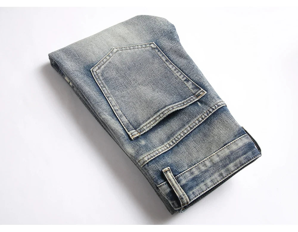 Men's Boot Cut Jeans Streetwear Patches Released Hem Pants Vintage Blue Embroidery Patchwork Flared Trousers