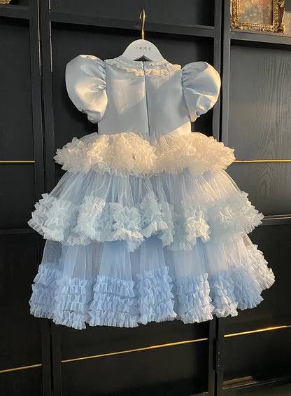 Sweet Little Girls Spring and Summer New Heavy Princess Gown Childrens Puff Sleeve Pearl Sequined Mesh Birthday Party Cake Dress