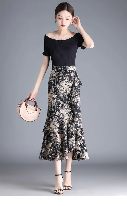 Fashion Irregular Fishtail Chiffon Skirts Elegant High Waist Summer Luxury Party Skirt Female Ruffles Long Skirts