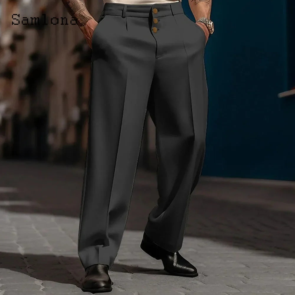 2023 Men's Stand Pocket Elegant Wide Leg Pants Solid White Party Wedding Trousers Plus Size Mens Fashion Buttons Up Suit Pants