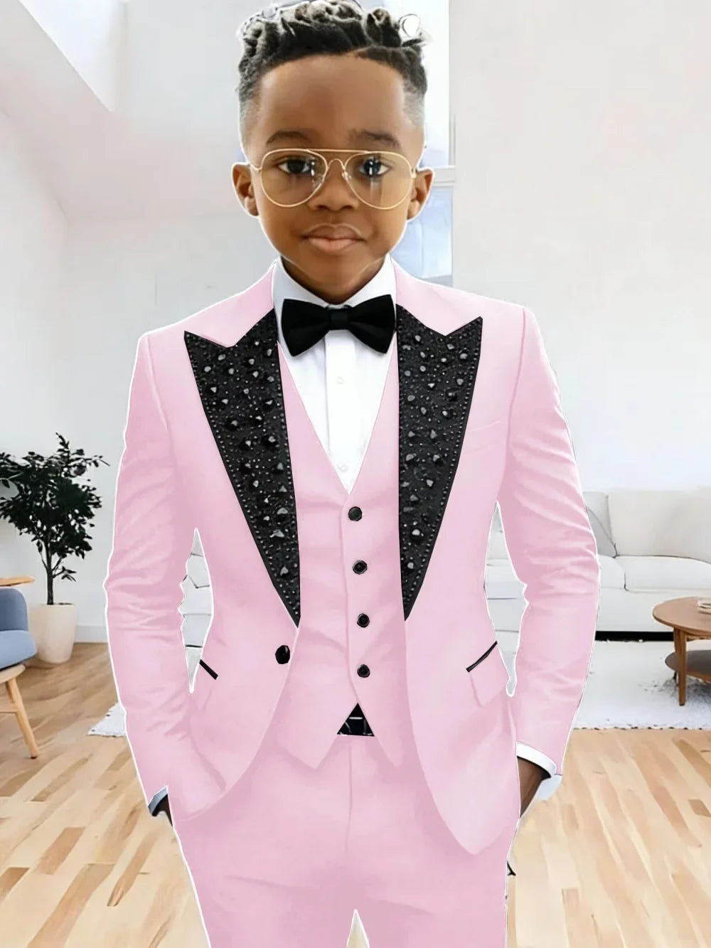Boys Luxury Beaded Suit Set 3 Pieces For Evening Party High Quality Peak Lapel Suits Piano Performance Wear Elegant Plus Size
