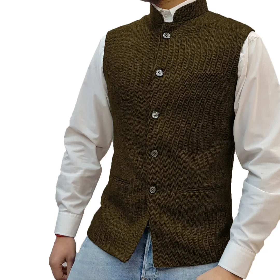 Men Vest Gray Herringbone Height Collar Single Button Waistcoat For Wedding Party Business Work Daily Casual Men Suit Vest