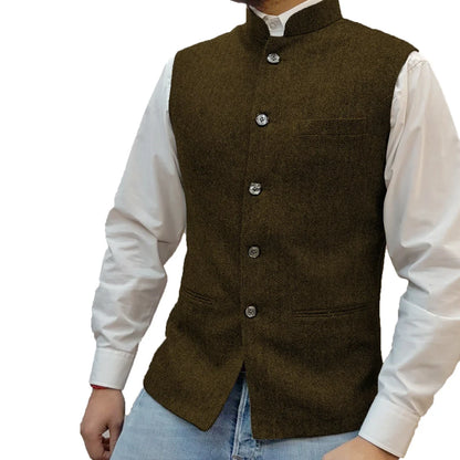 Men Vest Gray Herringbone Height Collar Single Button Waistcoat For Wedding Party Business Work Daily Casual Men Suit Vest