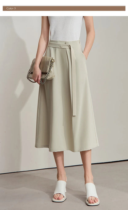 Minimalist Knee length Skirt Women Pleated A-line Loose Dress Elegant Commuting Style Belt Decoration Skirts 12522074