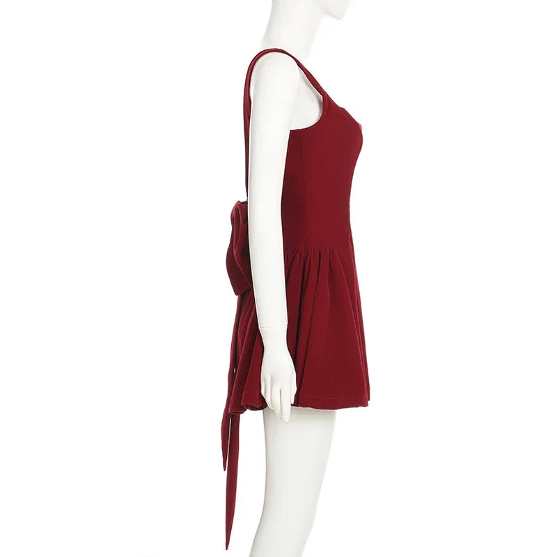 Fashion Red Bowknot Mini Dress Straps Square Collar Sleeveless Backless Vintage Cute Ladies Slim Party Short A-line Dresses