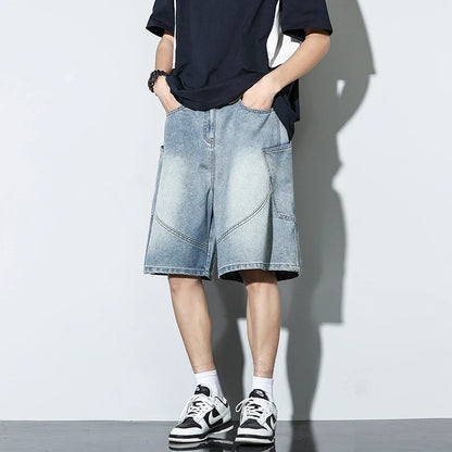 Summer New Baggy Denim Shorts Fashion Casual Straight Harajuku Jeans Male Vintage Wash Drawstring Short Pants Streetwear