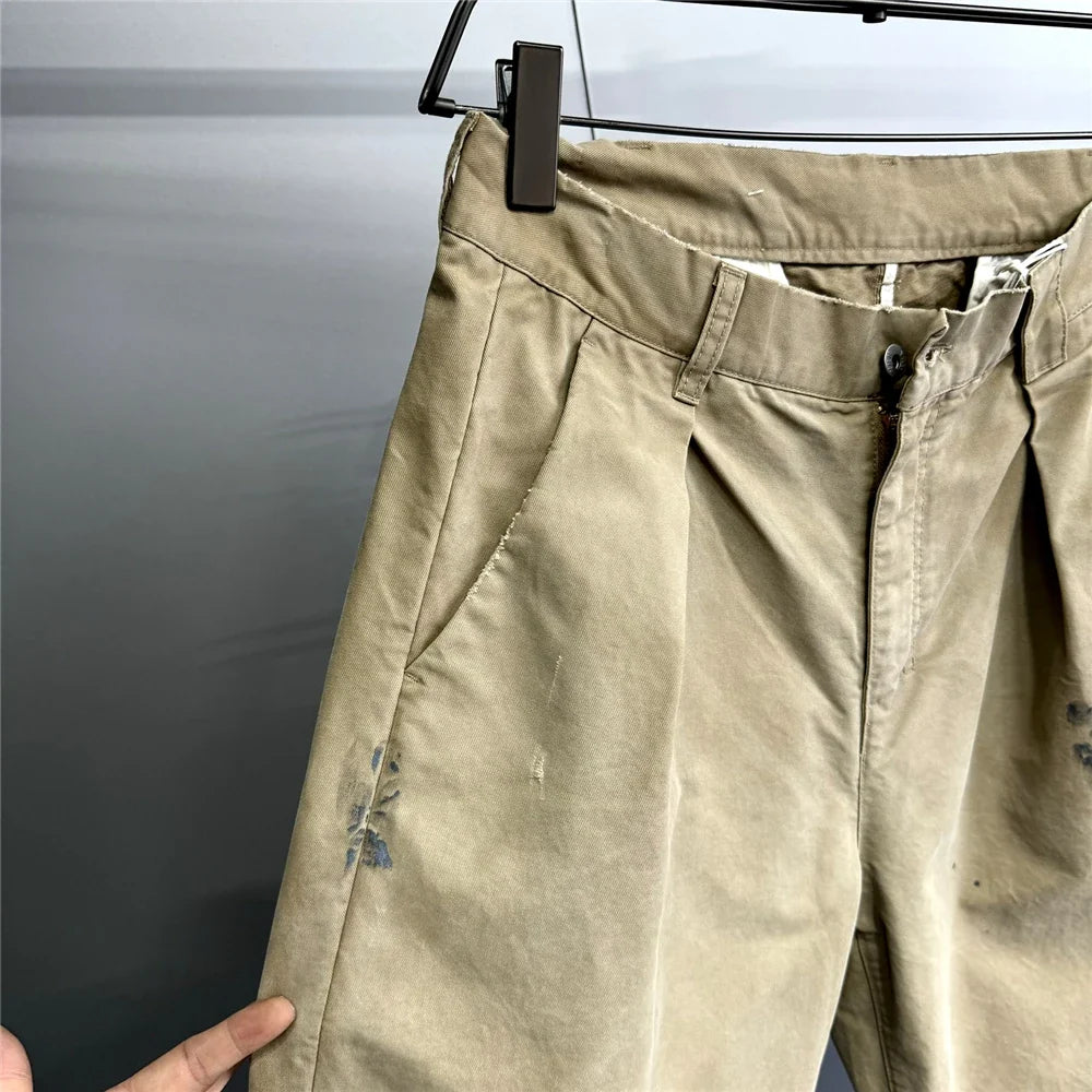 ‌Japanese Premium Vintage Distressed Paint Splash Cargo Pants Men Streetwear Loose Casual Straight Leg Haram Trousers Trendy