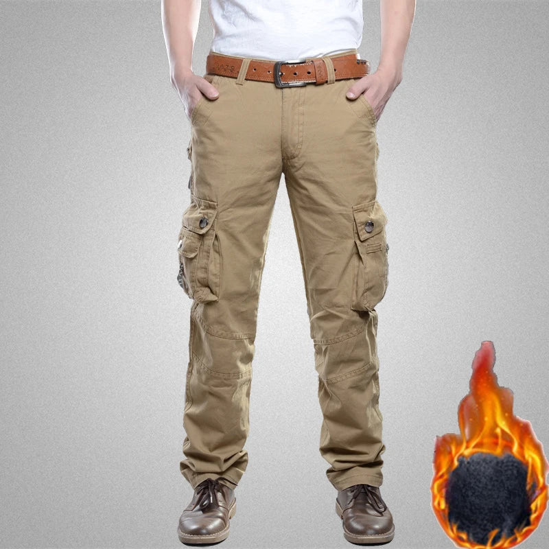 Winter Cargo Pant Men Straight Leg Fit Brushed Trouser Male Cotton Fleece Lined Warm Pocket Work Black Elegant Military Tactical
