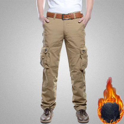 Winter Cargo Pant Men Straight Leg Fit Brushed Trouser Male Cotton Fleece Lined Warm Pocket Work Black Elegant Military Tactical