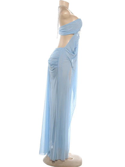 Prom Party Gown Dress Woman Sexy See Through Luxury Chain Halter Low-Neck Backless Sleeveless Midnight Elegant Vestidos