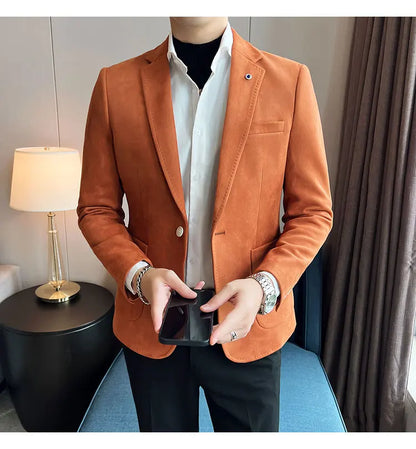High-quality, fashionable men's stylish, versatile and trendy Korean-style slimming suede business casual suit
