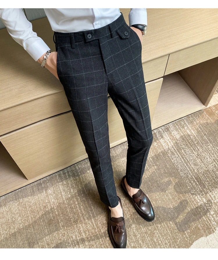 Boutique Classic Plaid and Striped Fashion Men's Casual Business Slim Suit Pants Groom Wedding Dress Trousers Party