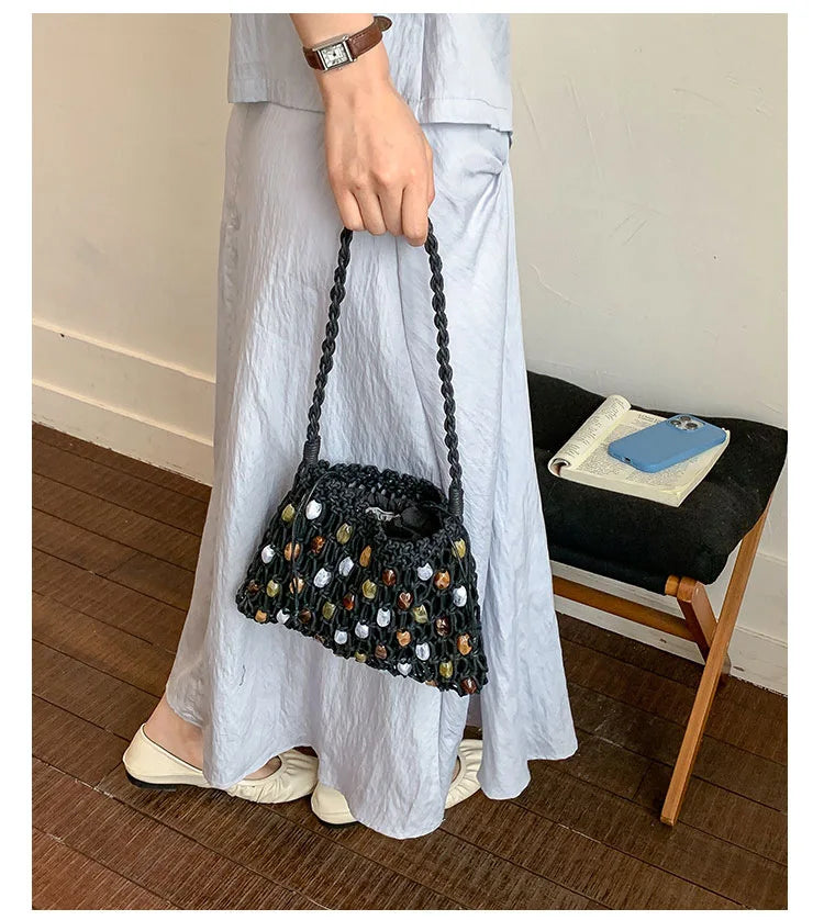 Hollow Beading Women Shoulder Bag Rope Knitting Handbags Bohemian Crochet Mesh Bags for Women Small Woven Beach Bag Flap Tote