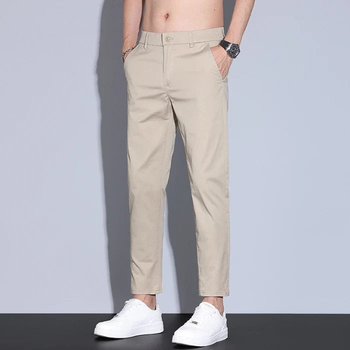 High Quality Summer Men's White Ankle Length Casual Pants 97%Cotton Breathable Straight Business Slim Work Chino Trousers Man