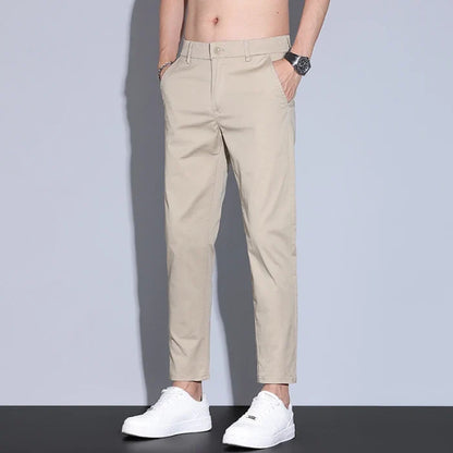 High Quality Summer Men's White Ankle Length Casual Pants 97%Cotton Breathable Straight Business Slim Work Chino Trousers Man