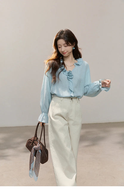 Women's Asymmetric Ruffled V-neck Shirt Spring Light Blue Floral Applique Ruffle Cuffs Top Elegant Loose Shirt MXF14C2448