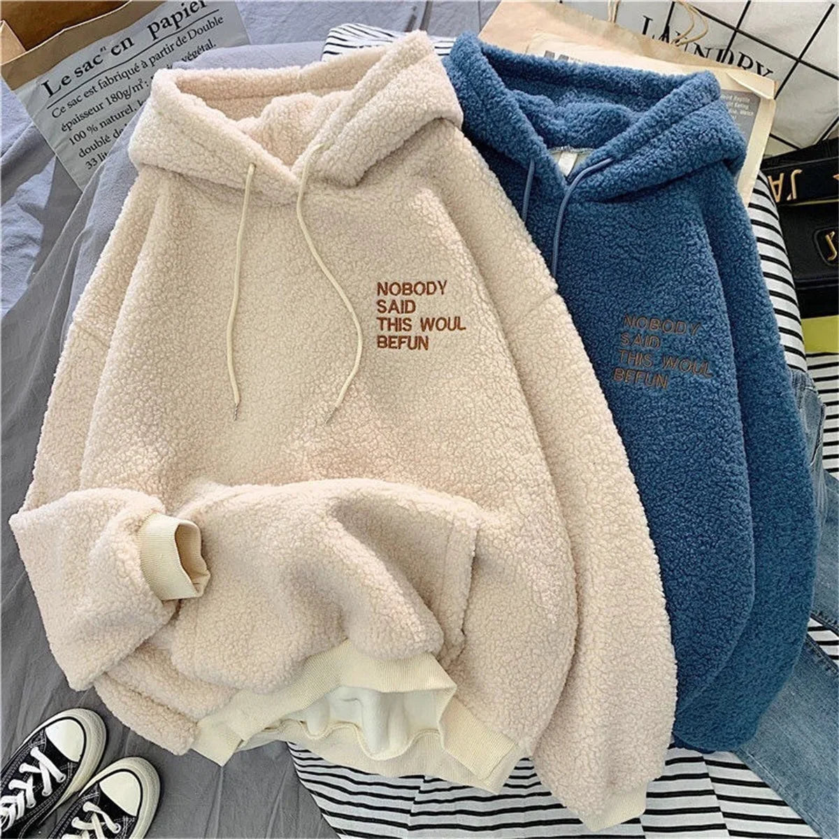 Autumn Winter Fashion Hooded Sweatshirt Women Korean Loose Solid Letter Tops Long Sleeve Warm Outfit Hoodie Lady Casual Street