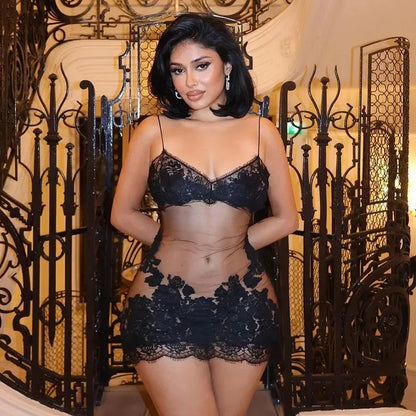 Lace Transparent Mini Dress Sexy Women Wrapping Spaghetti Embroidery Flower Sheath Nightwear Club Mesh Wave Fantacy