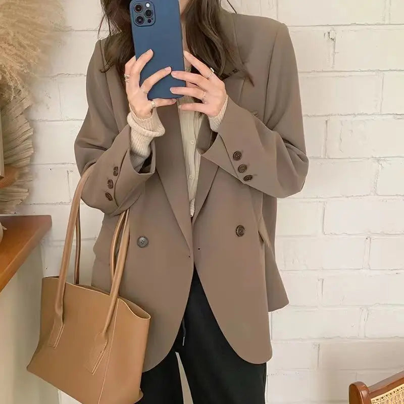 Casual Oversize Khaki Blazer with Shoulder Pads Women Notched Lapel Back Split Suit Coat Female Autumn Fashion Solid Streetwear
