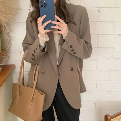Casual Oversize Khaki Blazer with Shoulder Pads Women Notched Lapel Back Split Suit Coat Female Autumn Fashion Solid Streetwear