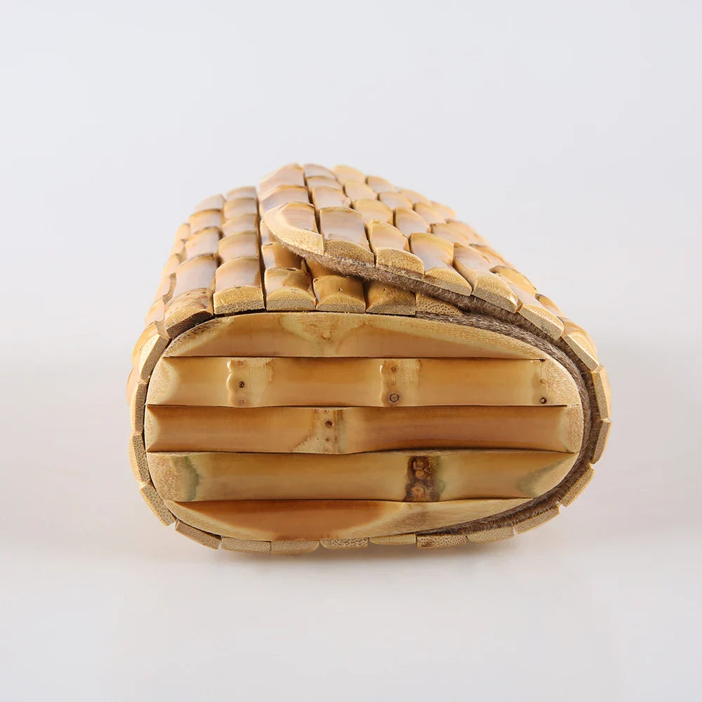 Brand Fashion Vintage Retro Hard Wood Rattan Straw Evening Purse Wallet Unique Handmade Natural Bamboo Root Clutch Bag