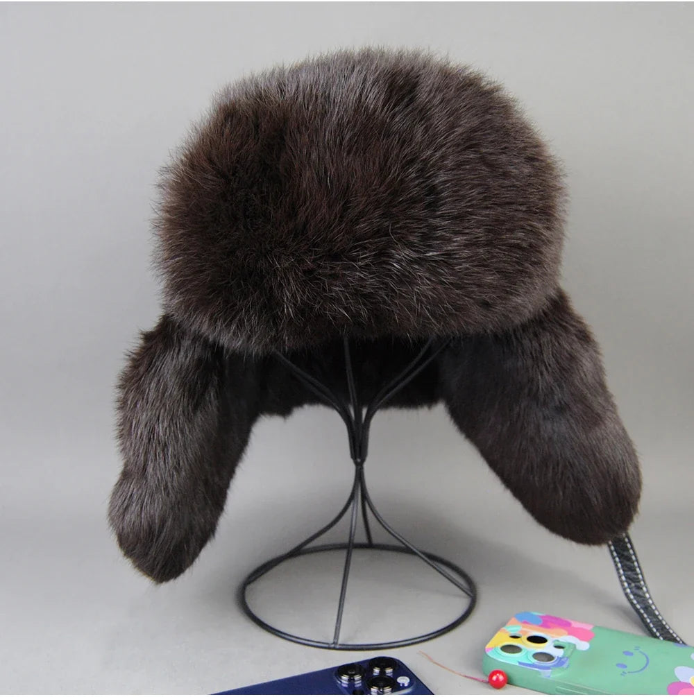 2026 Fashion Men's 100% Natural Rabbit Fur Bomber Hats Winter Russian Man Warm Real Sheepskin Leather Hat Male Real Fur Caps