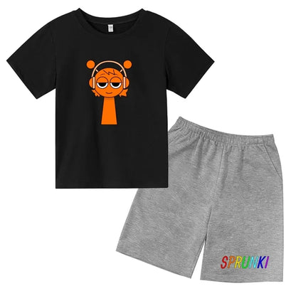 2026 Sprunki Kids T-Shirt + Shorts Set, Boys Girls Cartoon Game Printed Cotton Short Sleeve 2Pcs Summer Casual Outfit