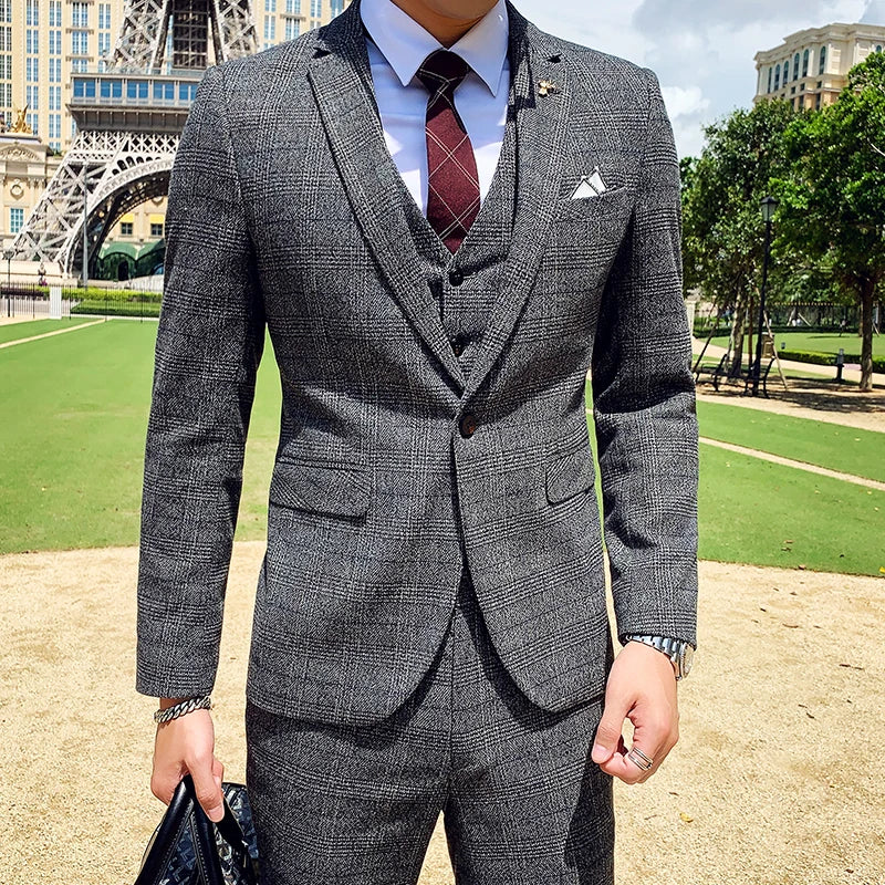Coffee Brown Men Striped Plaid 3-Piece, Dark Blue Wedding Party Slim Fit Blazers Jacket and Vest with Pants, Asian Size M-5XL