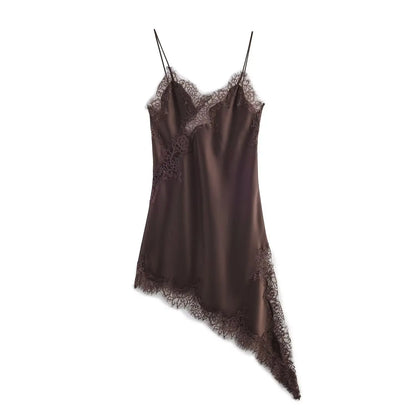 Satin Asymmetric Patchwork Lace Sexy Dress Women Elegant Sling Backless Split Black Dress Female Party Club Dress Streetwear