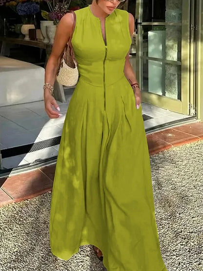 Office Lady Commute Pleated A-line Dress 2026 New Summer Fashion Solid Color Sleeveless Zipper Evening Maxi Dresses