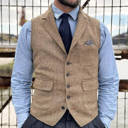 Men Vest Khaki Herringbone Single Button With Lapel Waistcoat For Banquet Party Business Office Work Casual Daily Men Suit Vest