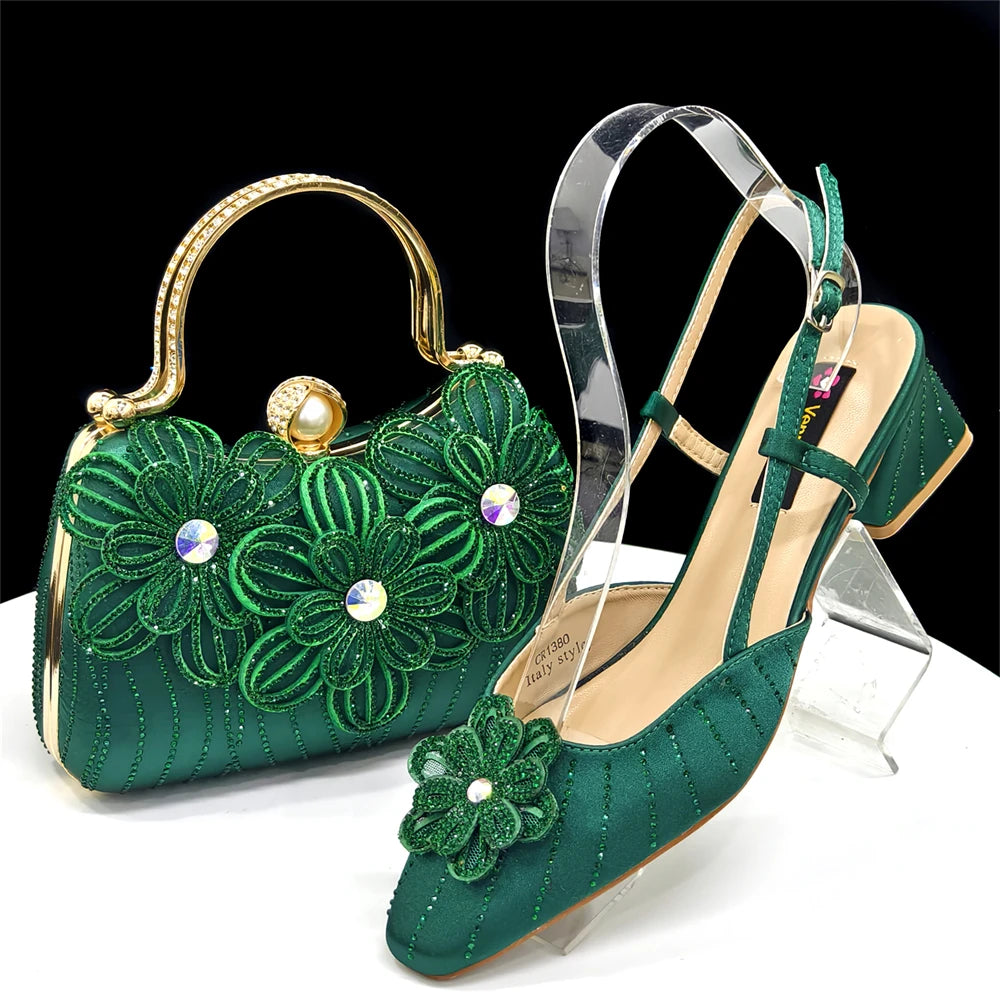 Party Shoes and Bag Ladies Heel Decoration Pure Elegant Flower Wedding Shoes and Bag Full Rhinestone Fashion Handbag