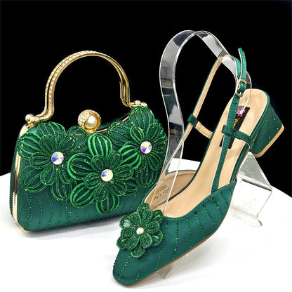 2026 Elegant Gold Color Women's Heels Handbag Set Rhinestone Embellished Designer Shoes for Weddings Special Events