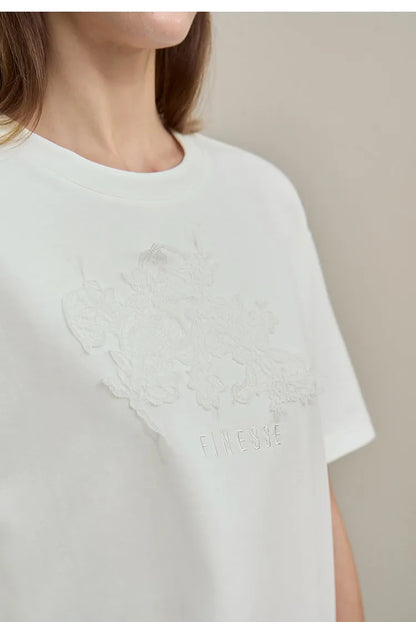 Women's T-Shirt 2026 Summer New Round Neck Drop Shoulder Cotton Tee Lace Embroidered Woman Loose Fit knit Tops 12622048