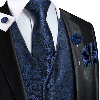 Luxury Gold Black Mens Vests Print Jacquard Waistcoat Tie Hanky Cufflinks Brooch Set for Men Wedding Formal Business Hi-Tie