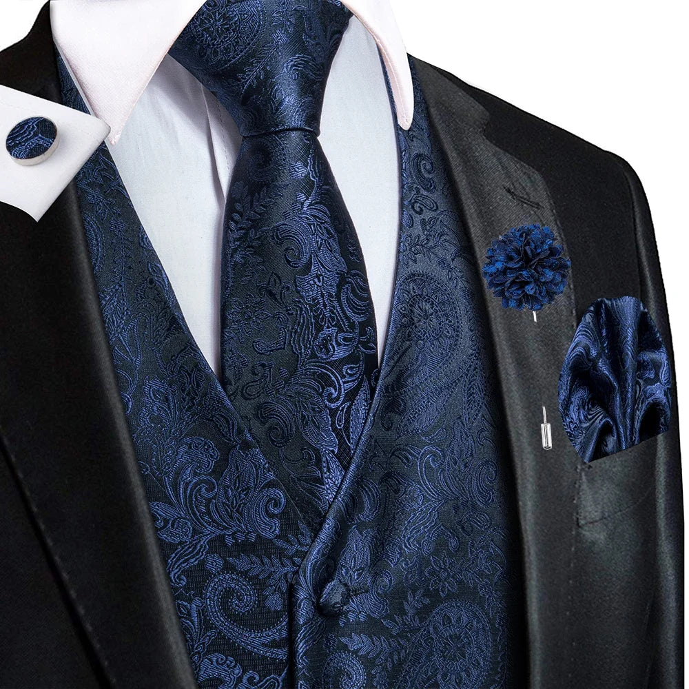 Navy Blue Mens Silk Vests Business Paisley V-Necl Waistcoat Tie Hanky Cufflinks Brooch Set for Men Suit Wedding Formal Hi-Tie