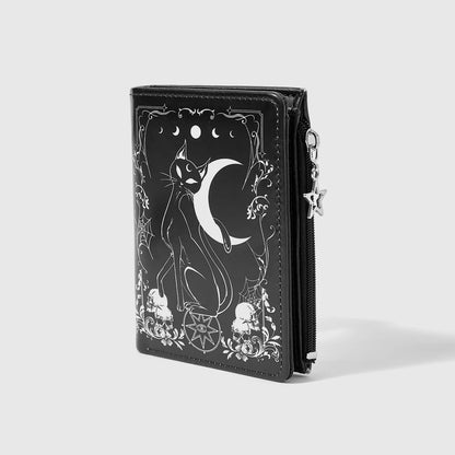 Gothic Moon & Black Cat Print Multi-Card Star Zip Short Wallet, Casual Fashion Card Holder & Coin Purse