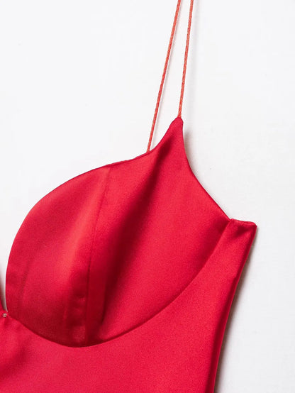 2025 Women Red V-Neck Holiday Style Satin Texture Long Dress Sleeveless Summer Women's Back Zipper Fashion Sling Dresses
