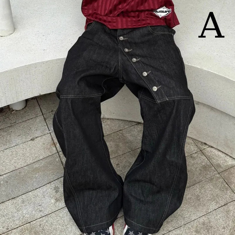 2 Piece Korean Retro Men'S Jeans Spring And Autumn Styles Loose Wide Leg Pants Casual Straight Leg Pants Floor Length Pants