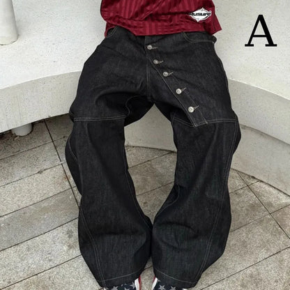 2 Piece Korean Retro Men'S Jeans Spring And Autumn Styles Loose Wide Leg Pants Casual Straight Leg Pants Floor Length Pants
