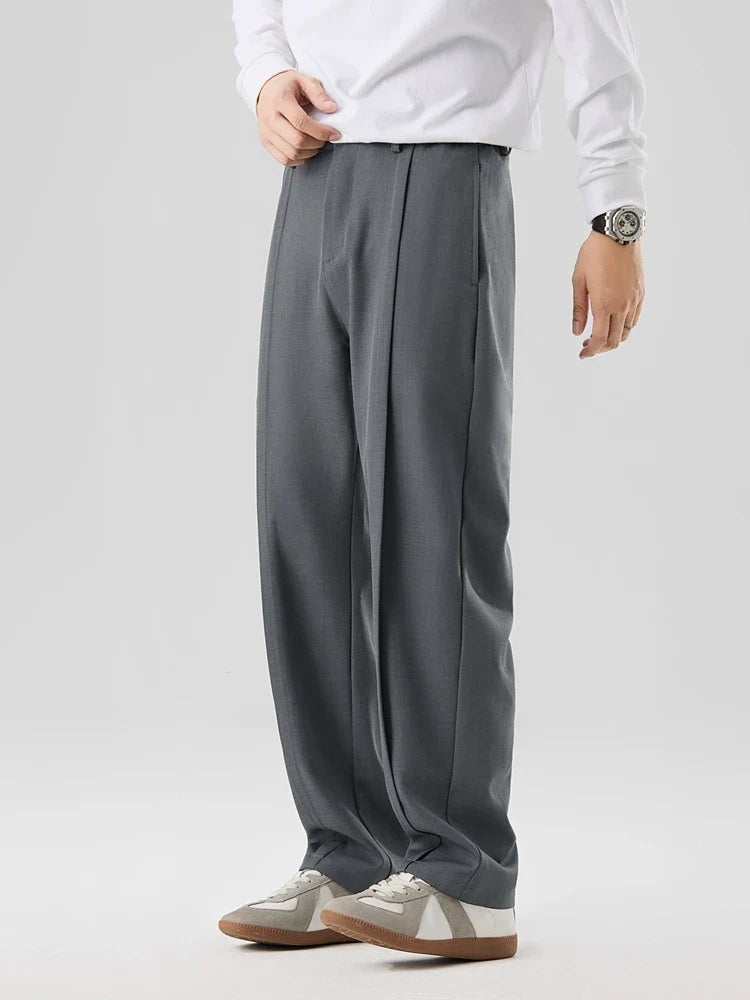 2023 New Autumn Casual Pants Men Korean Fashion Banded Waist Stretch Wide Leg Pleated Suit Slacks Straight Loose Drape Trousers