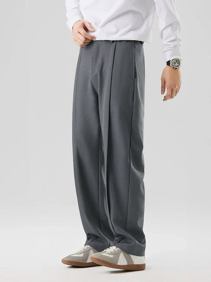 2023 New Autumn Casual Pants Men Korean Fashion Banded Waist Stretch Wide Leg Pleated Suit Slacks Straight Loose Drape Trousers